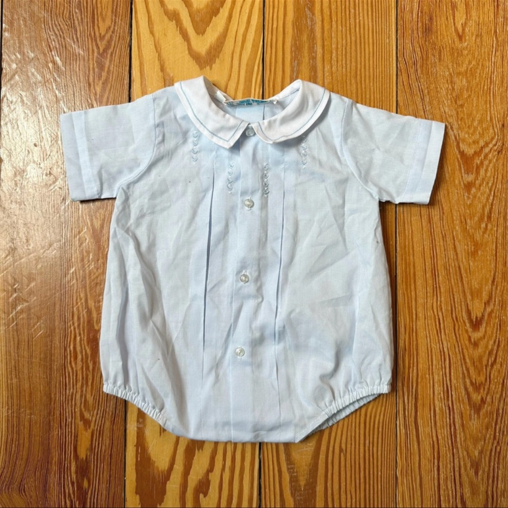 Vintage Baby Blue Newborn Onesie Boy Christening Baptism 50s 60s Romper